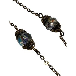 Vtg Gold Tone Chain Necklace Faceted Aurora Borealis Crystal Beads Station 17.25